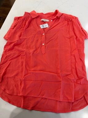 LOFT Coral Short-Sleeve Split-Neck Blouse